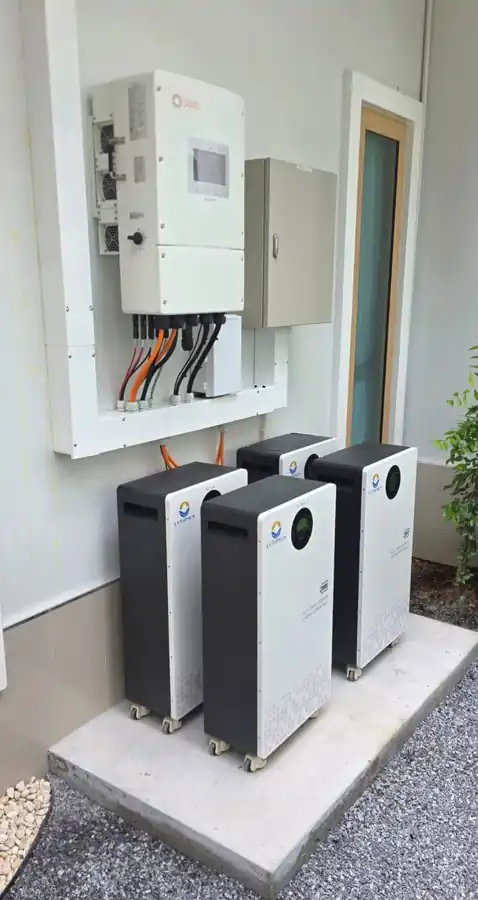 Outdoor solar battery storage system installed beside a residential building
